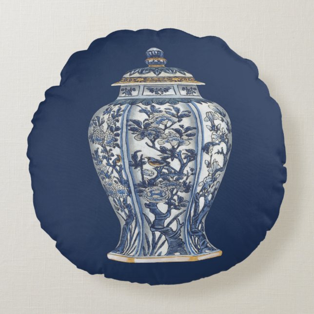Coussins Ronds Vase en porcelaine bleue et blanche de Vision Stud (Devant)
