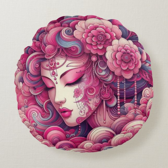 Coussins Ronds Vecteur oriental ondes fractales roses de Geisha a (Devant)
