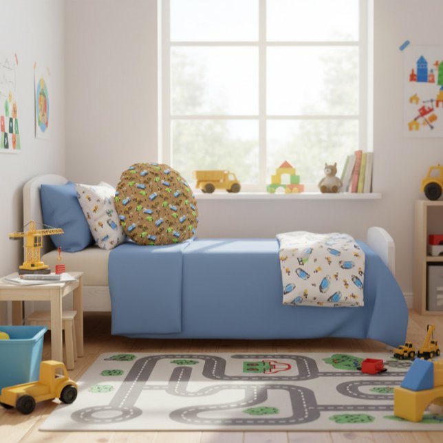 Coussins Ronds Véhicules de construction et travailleurs Motif Th (Créateur téléchargé)