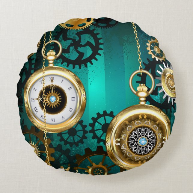 Coussins Ronds Veille bijoux Steampunk sur un Arrière - plan vert (Devant)