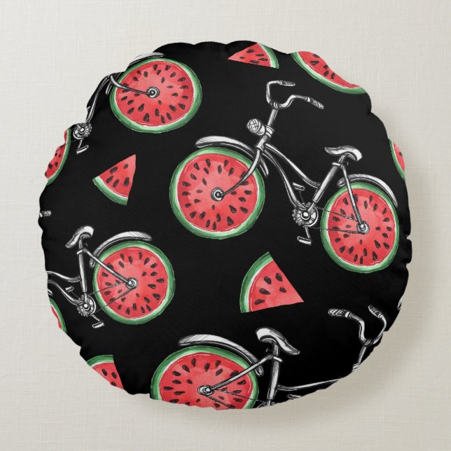 Coussins Ronds Vélos à roue de pastèque, motif d'été. (Devant)