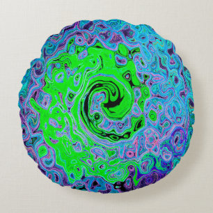 Coussins Ronds Vert Citron Groovy Abstrait Rétro Tourbillon Liqui