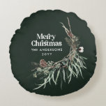 Coussins Ronds Vert moderne élégant aquarelle botanique<br><div class="desc">Vert foncé moderne élégante aquarelle rustique séchée de couleur botanique florale teintée décoration de Noël.</div>