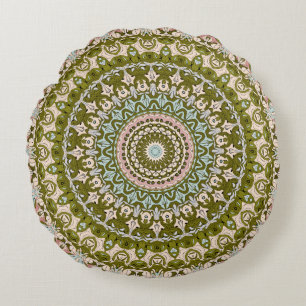 Coussins Ronds Vert olive et motif mandala pastel