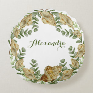 Coussins Ronds Verts coquillages nautiques crème coquilles côtièr