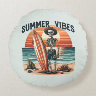 Coussins Ronds Vibes d'été Skeleton Surfer Sunset Beach Design