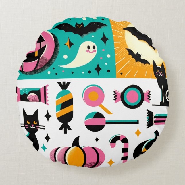 Coussins Ronds Vibrant Retro Halloween Collage Pink Pumpkin Black (Devant)