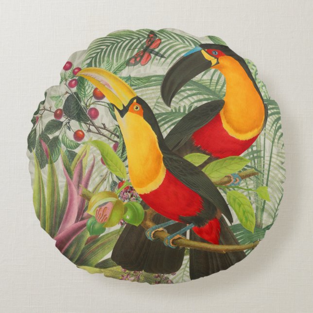 Coussins Ronds Vibrant Tropical Toucan Birds Art Exotic Jungle (Devant)
