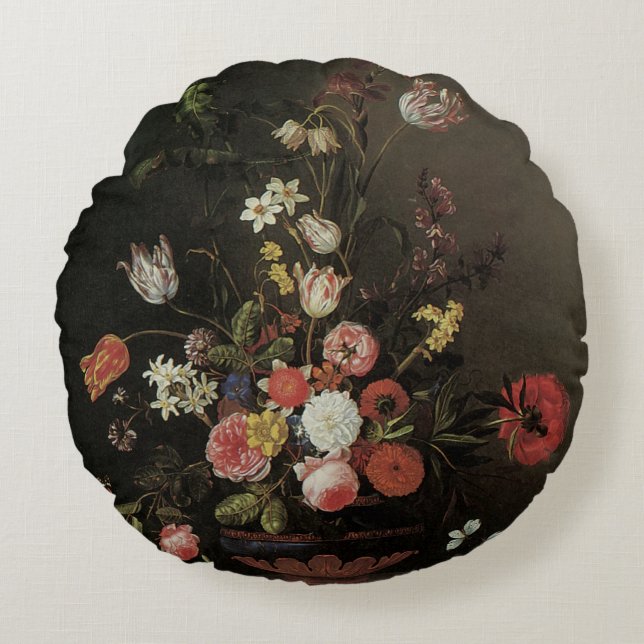 Coussins Ronds Vieille Composition Florale Baroque de Fleurs dans (Devant)
