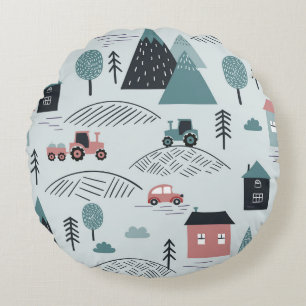 Coussins Ronds Village scandinave, motif rural sans soudure.