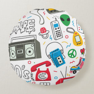 Coussins Ronds Vintage 80's 90's doodle with boom box, television