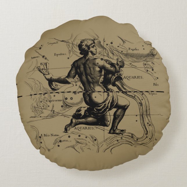 Coussins Ronds Vintage Aquarius Constellation par Hevelius 1690 (Dos)