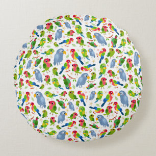 Coussins Ronds Vintage Birds Motif, Colorful parakeet motif