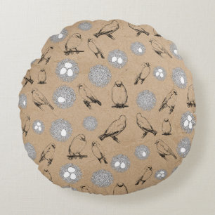 Coussins Ronds Vintage Birds & Nid Rustic Kraft Brown