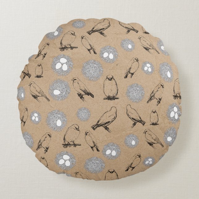 Coussins Ronds Vintage Birds & Nid Rustic Kraft Brown (Devant)
