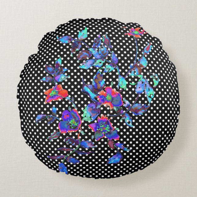 Coussins Ronds Vintage bleu Rose noir/blanc pois (Devant)