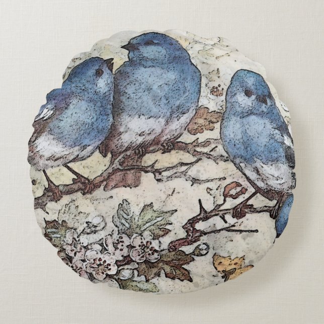 Coussins Ronds Vintage bluebird illustration oiseaux mignons natu (Devant)