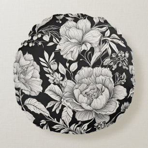 Coussins Ronds Vintage floral noir et blanc classique