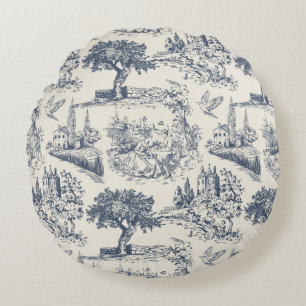 Coussins Ronds Vintage français campagne "Toile de Jouy bleue"