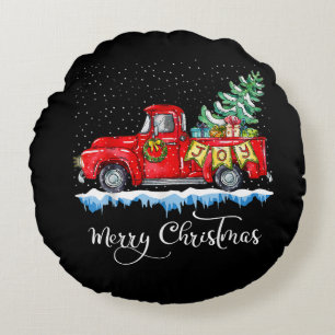 Coussins Ronds Vintage Joyeux Camion rouge de Noël Vieux mode Ch