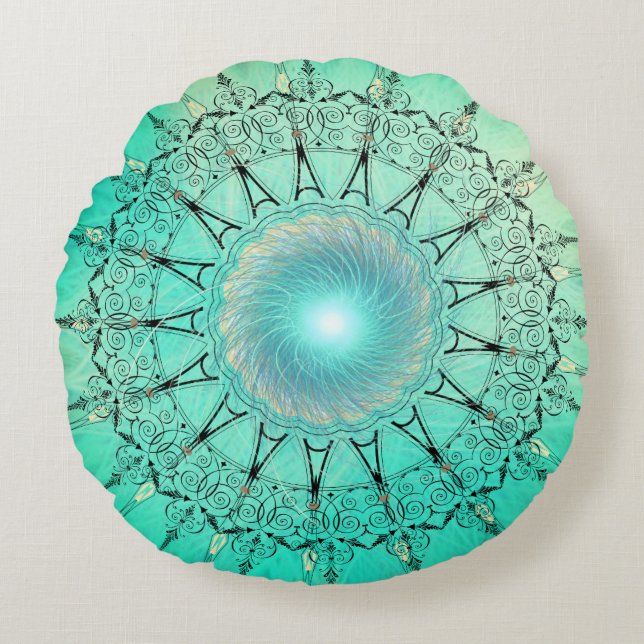Coussins Ronds Vintage Mandala Minty Green (Devant)