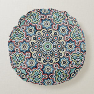 Coussins Ronds Vintage Marocain Bleu & Motif Turquoise