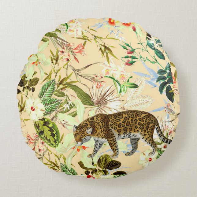 Coussins Ronds Vintage Moderne Fleur Tiger Jungle Tropical (Devant)