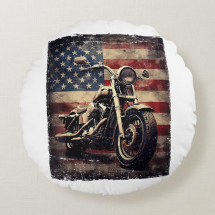 Coussins Ronds Vintage Motorcycle USA Drapeau Retro Biker América