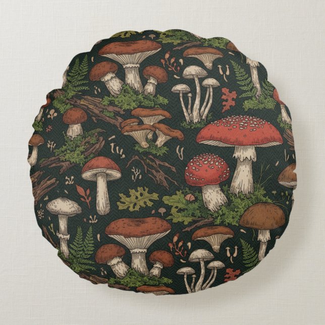Coussins Ronds Vintage Mushroom Forest Botanical (Devant)