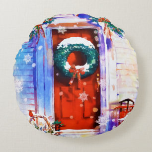 Coussins Ronds Vintage Noël hiver Rouge Accueil Porte Aquarelle