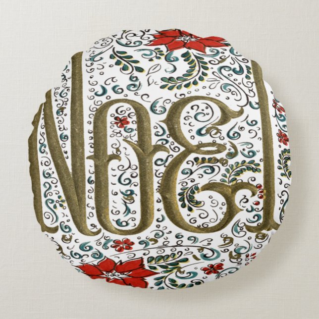 Coussins Ronds vintage noël poinsettia joyeux noel (Devant)