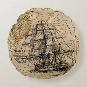 Coussins Ronds Vintage Sailing Ship and Old European Map