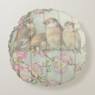 Coussins Ronds Vintage Shabby Chic Faded Floral Birds Design Roun