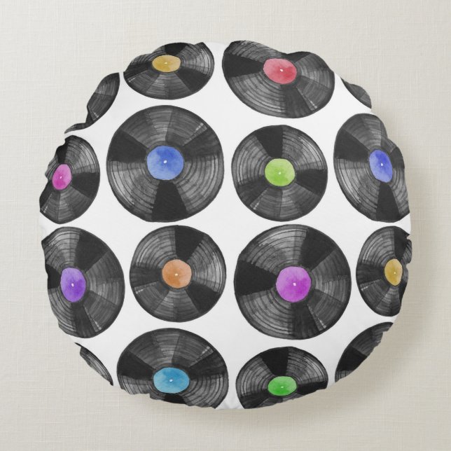 Coussins Ronds Vinyl LP Records Retro Illustration (Devant)
