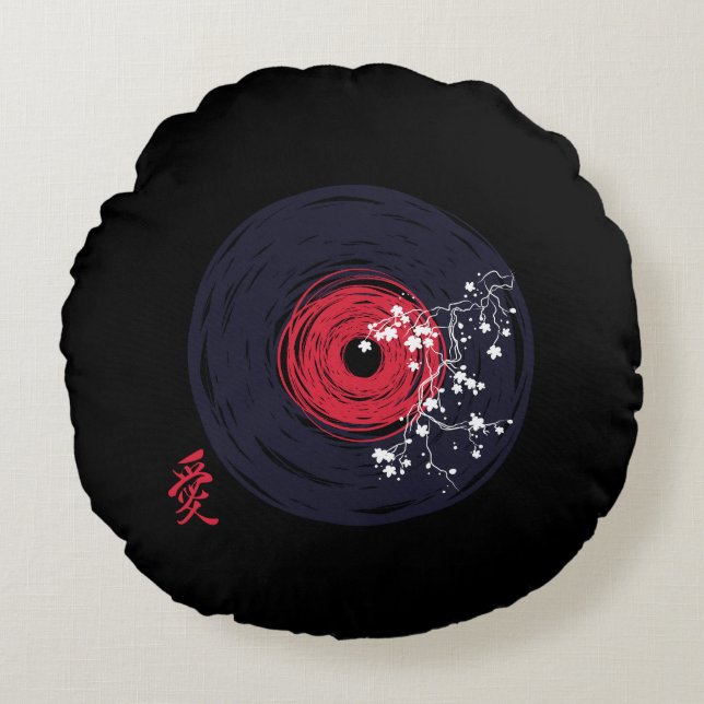 Coussins Ronds Vinyl Record Retro Grunge Avec Les Blossoms Sakura (Devant)