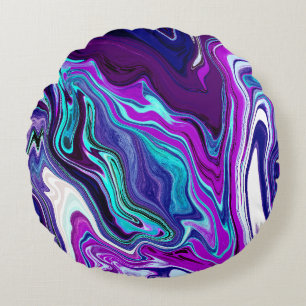 Coussins Ronds Violet, Bleu et Turquoise Abstrait Fluid Art