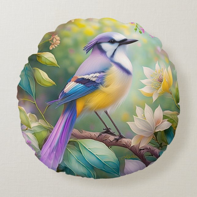 Coussins Ronds Violet Tufted Jay Imaginaire Bird (Devant)