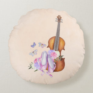 Coussins Ronds Violon, Chaussures de Ballet, Fleurs et Papillons