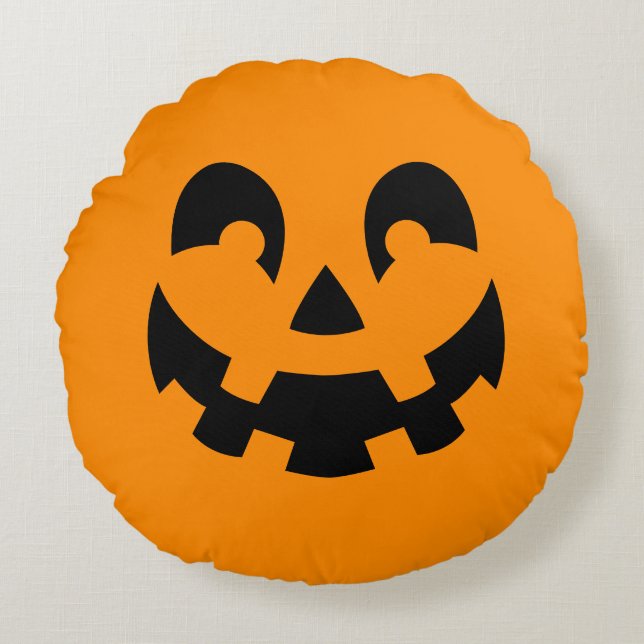 Coussins Ronds Visage Citrouille Noir Simple Sur Halloween Orange (Devant)