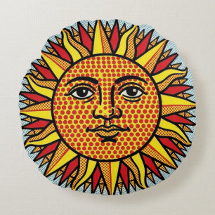Coussins Ronds Visage de Soleil Céleste dans le Style Pop Art de