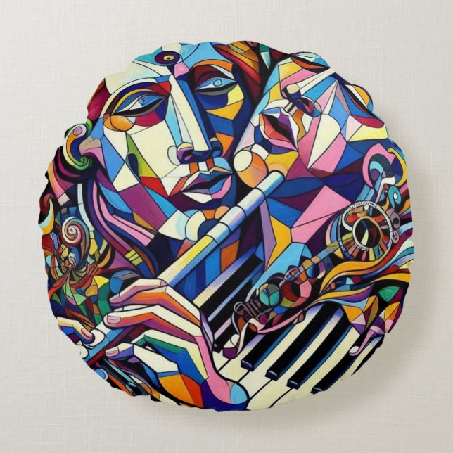 Coussins Ronds Visages et instruments abstraits (Devant)