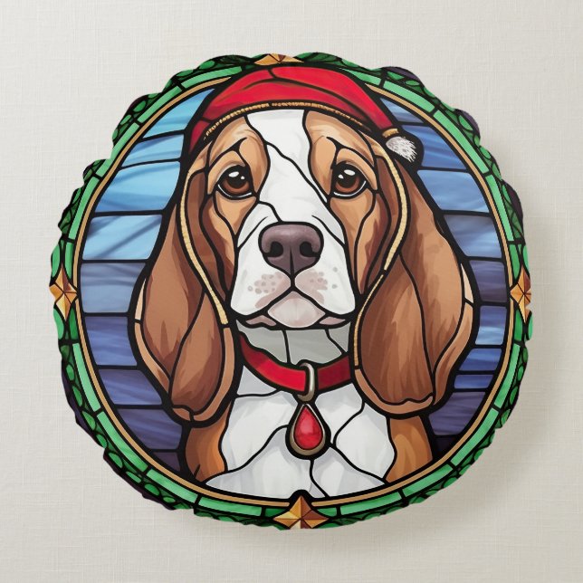 Coussins Ronds Vitrail de Noël Beagle (Devant)