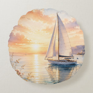 Coussins Ronds Voilier de luxe à l'aube Aquarelle