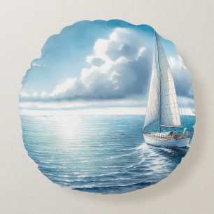 Coussins Ronds Voilier Solitaire à l'Horizon Bleu