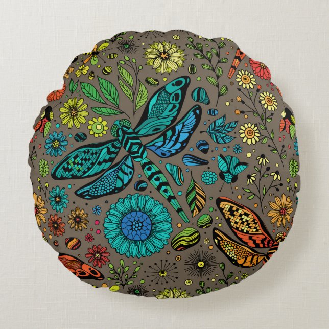 Coussins Ronds Voler, libellule de mouche sur brun (Devant)