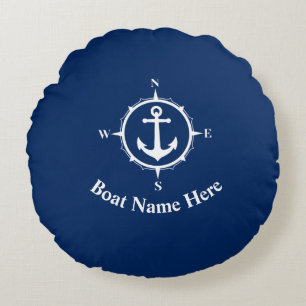 Coussins Ronds Votre nom de bateau avec Compass Ancre Marine Blue