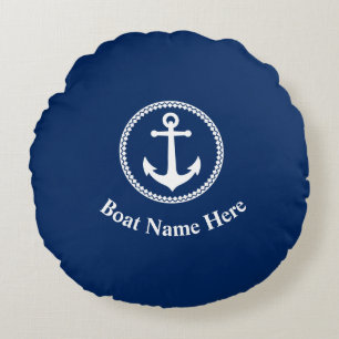 Coussins Ronds Votre nom de bateau avec Sea Ancre Navy Blue