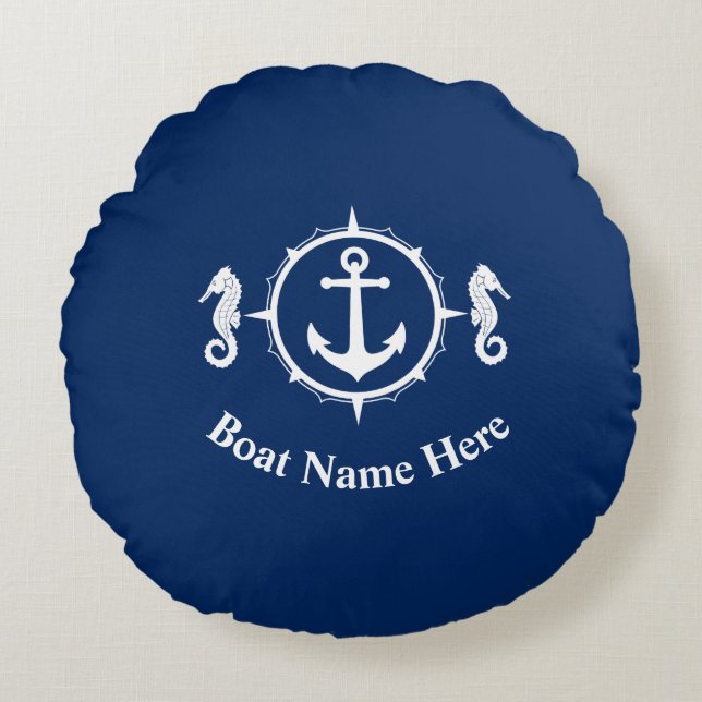 Coussins Ronds Votre Nom De Bateau Avec Seahorse Ancre Navy Blue (Devant)