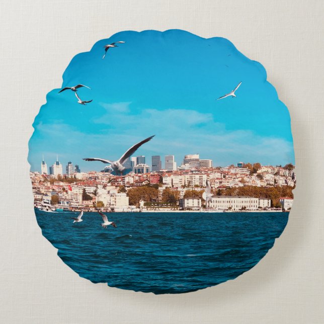 Coussins Ronds Vue d'Istanbul avec mouettes par beau temps, B (Devant)