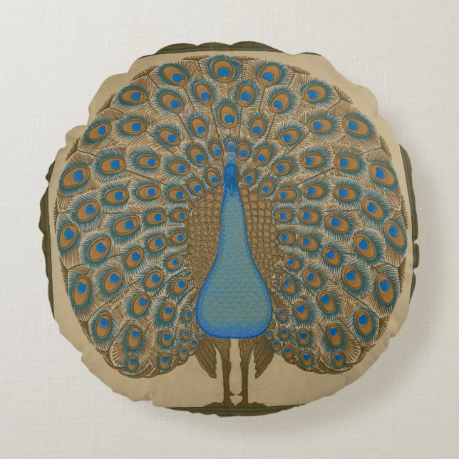 Coussins Ronds Walter Crane Blue Peacock avec sa queue écartée (Devant)